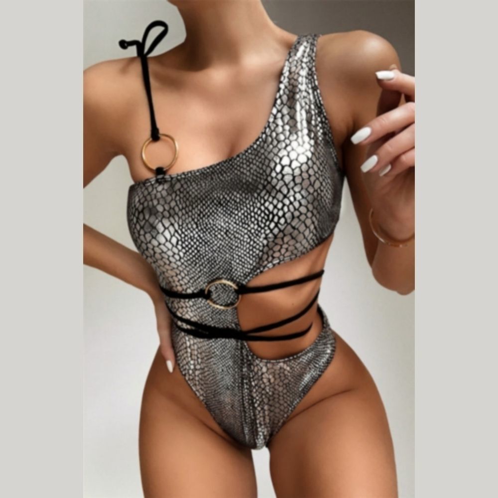 Shiny Silver Snake Skin Print One Piece Swimsuit